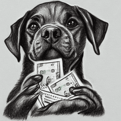 A drawing of puppy holding dollars, created by stable-diffusion